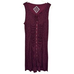 Nomads Hemp Wear Dress Womens Large Burgundy Boho Ruched Front Floral Organic